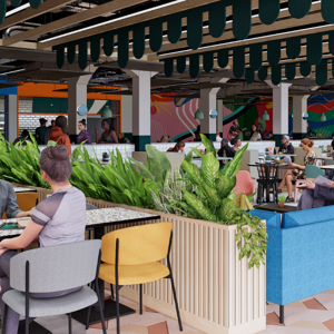 High end render of guests in a cafe