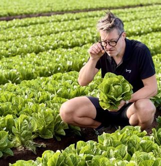 Image of Jonny, Creative Director, picking lettuce at supplier site
