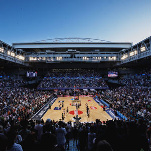 Interior view of John Cain Arena set up for a major sporting event