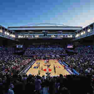 Interior view of John Cain Arena set up for a major sporting event