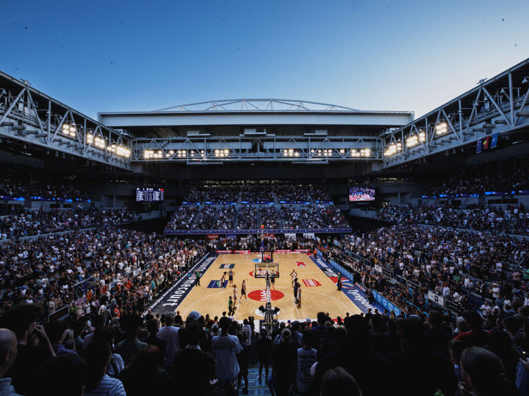 Interior view of John Cain Arena set up for a major sporting event