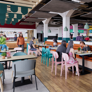High quality render of people in a restaurant