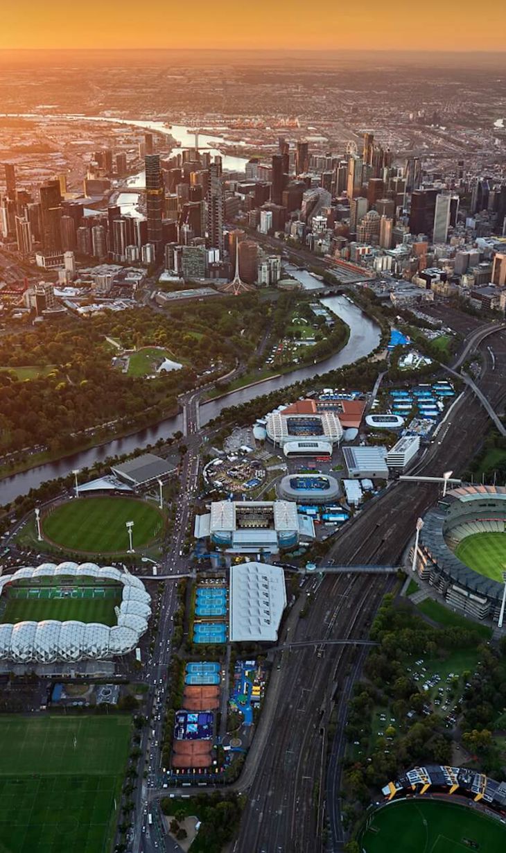 Aerial image of Melbourne Park at sunset