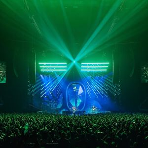 Crowd at big concert with light display